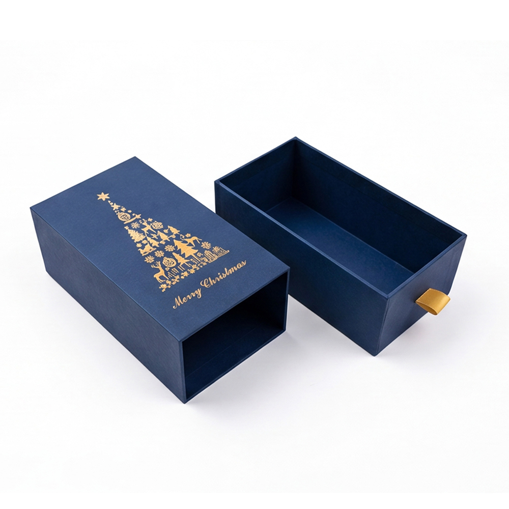 Custom Navy Blue Drawer Rigid Gift Box with Gold Foil Christmas Tree Print Custom Navy Blue Drawer Rigid Gift Box with Gold Foil Christmas Tree Print