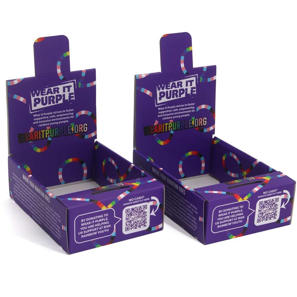 Full Color E-Flute Corrugated Charity Donation Collection Display Box Full Color E-Flute Corrugated Charity Donation Collection Display Box
