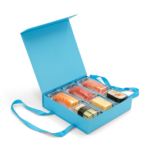 Custom Magnetic Closure Sushi Takeaway Gift Box With Integrated Ribbon Carry Handles