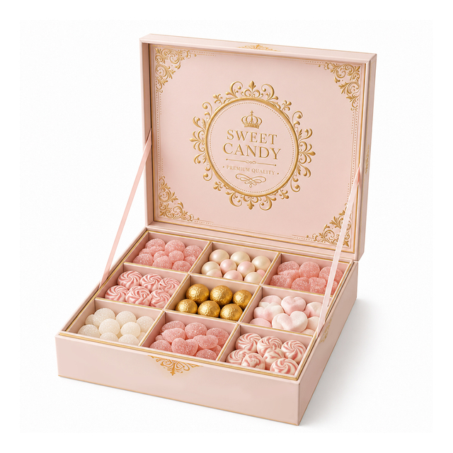 Pink Gold Foil Magnetic Flip Rigid Candy Gift Box 9 Grid Insert