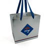 Custom Silver Metallic Paper Gift Bag with Blue Ribbon Handles