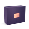 Matte Purple Double Door Magnetic Flip Rigid Gift Box with Embossed Rose Gold Metal Logo Plate