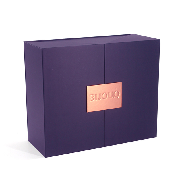 Matte Purple Double Door Magnetic Flip Rigid Gift Box with Embossed Rose Gold Metal Logo Plate