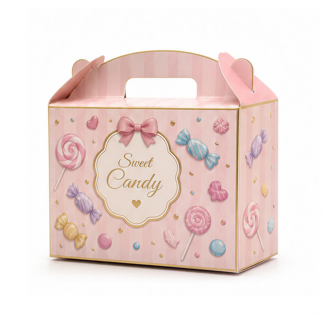 Custom Pink Cartoon Candy Gable Handle Gift Box for Sweet Treats