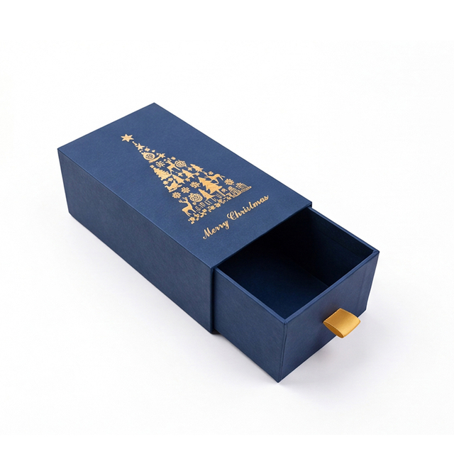 Navy Blue Slide Drawer Rigid Christmas Gift Box with Gold Foil Print
