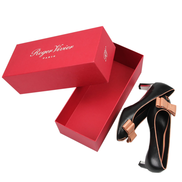 Custom Textured Beige Stripe Lid & Base Rigid Shoe Box for Luxury Women High Heels