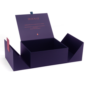 Matte Purple Double Door Magnetic Flip Rigid Gift Box with Embossed Rose Gold Metal Logo Plate