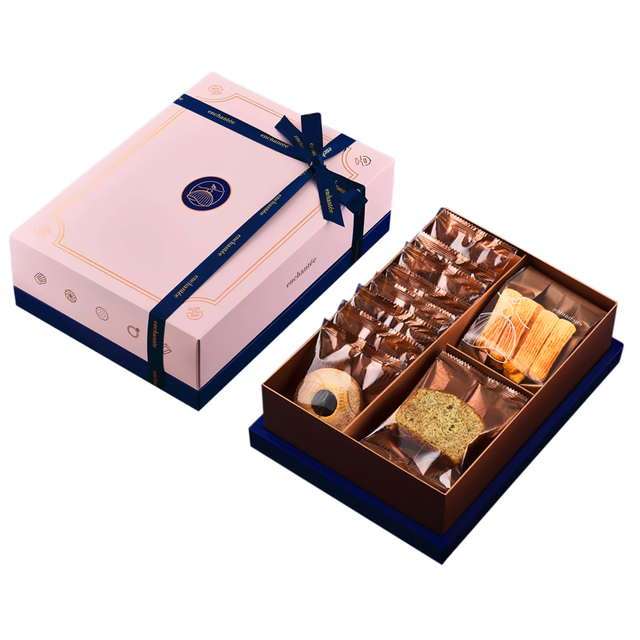 Custom Pink Lid & Base Rigid Snack Gift Box With Ribbon Bow and Divider Insert