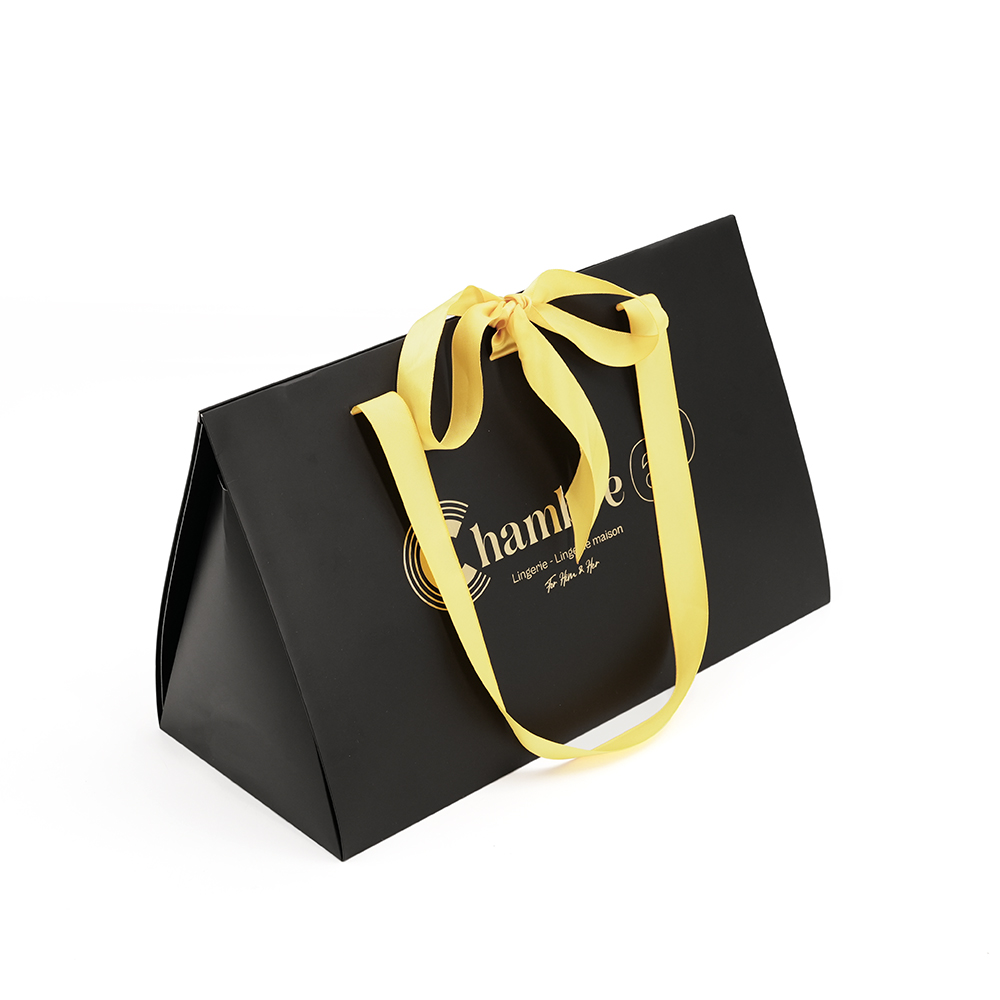 Custom Black Triangular Boutique Paper Bag with Gold Foil Logo