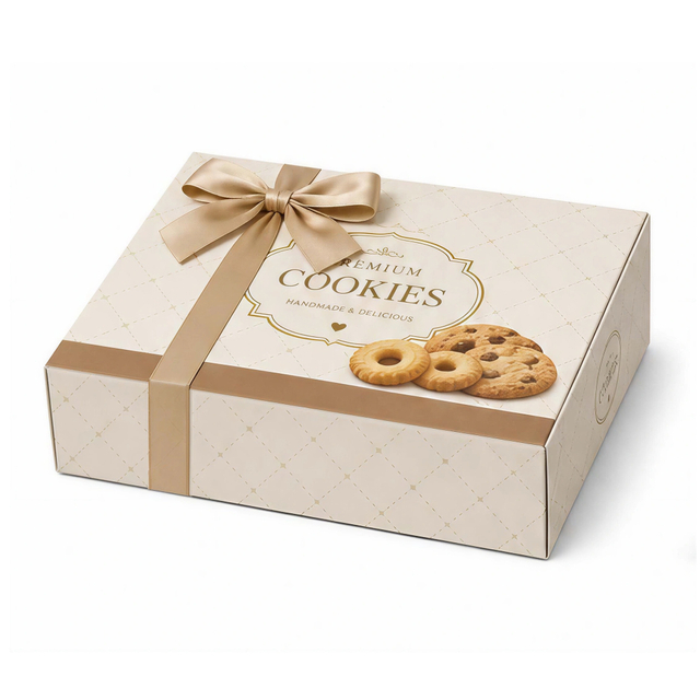 Beige Lattice Foldable Cookie Paper Box with Champagne Gold Ribbon Bow