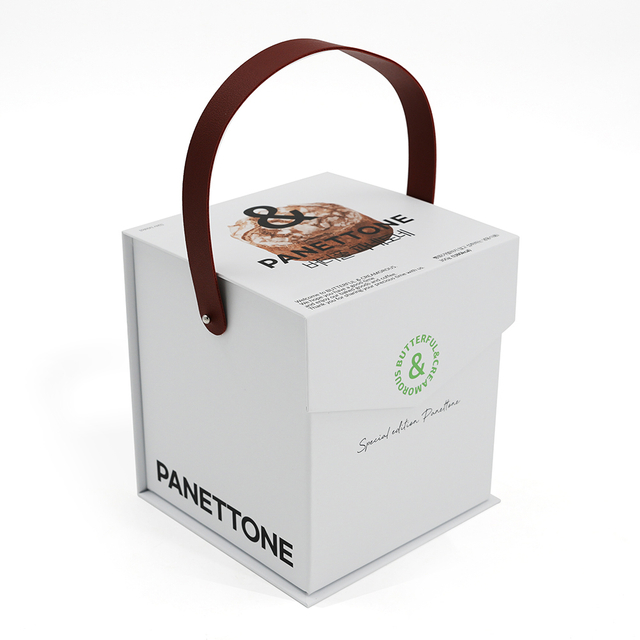 Custom White Rigid Panettone Box with PU Leather Carry Handle Wholesale