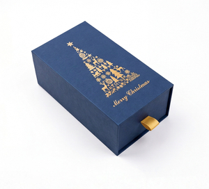 Navy Blue Slide Drawer Rigid Christmas Gift Box with Gold Foil Print