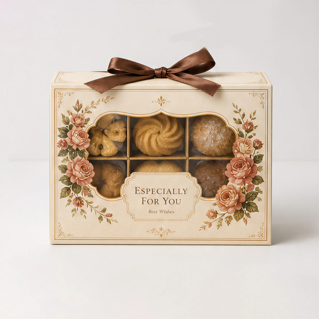 Vintage Rose Window Cookie Gift Box with Ribbon Closure