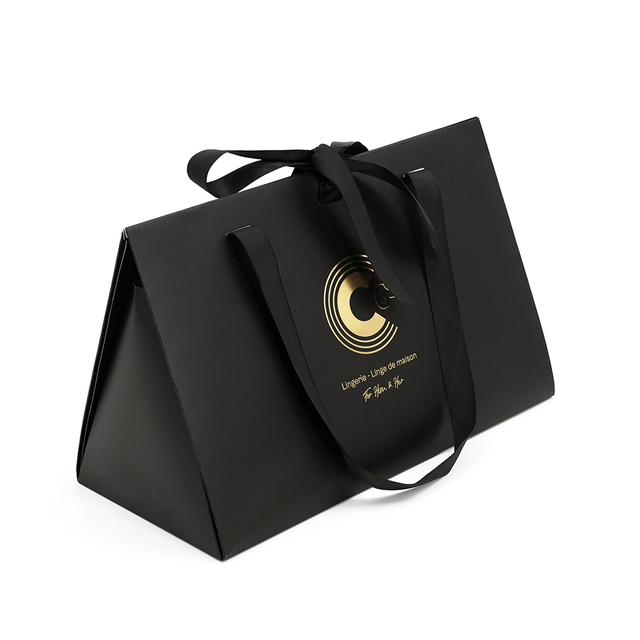 Custom Black Triangular Boutique Paper Bag with Gold Foil Logo