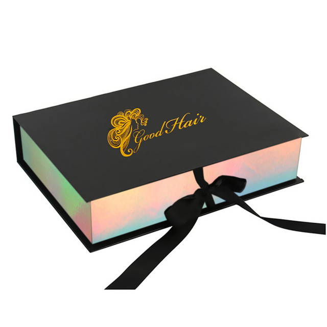 Custom Holographic Magnetic Flip Rigid Gift Box with Pink Satin Lining for Hair Extensions
