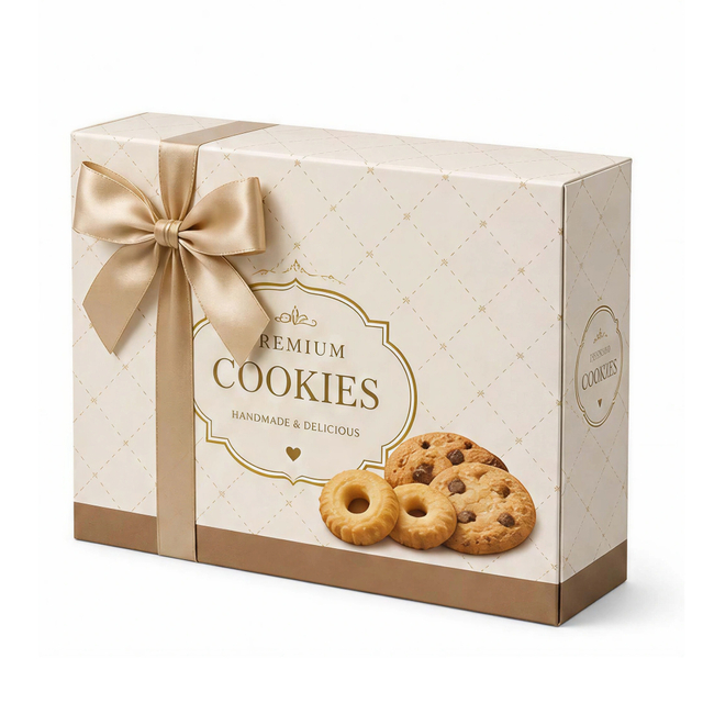 Beige Lattice Foldable Cookie Paper Box with Champagne Gold Ribbon Bow