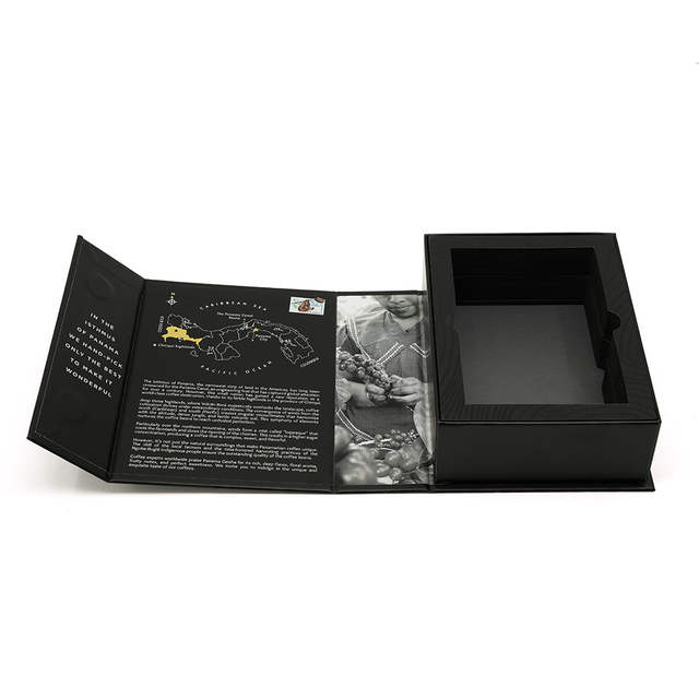 Black Multi-Fold Rigid Coffee Gift Box Gold Foil Logo for Panama Geisha Coffee